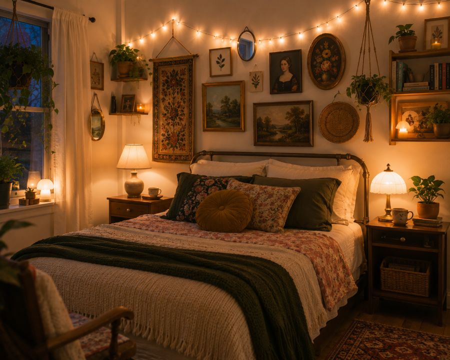 Budget-friendly rental bedroom with thrifted artwork, DIY decorations, strategic lighting, layered textiles creating personalized, creative space