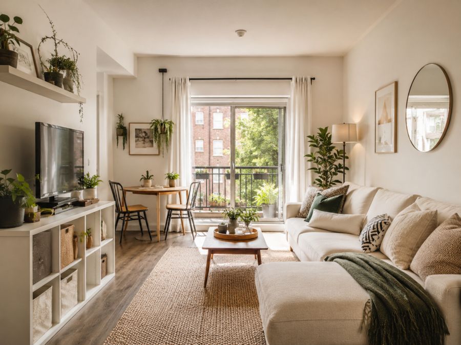 Stylish small apartment living room decorated on a budget with smart furniture arrangement