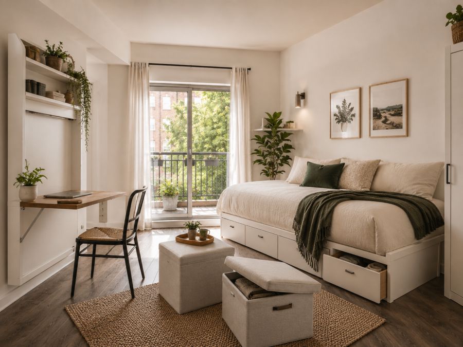 Multipurpose furniture solutions for small apartments including storage ottomans and fold-down desks