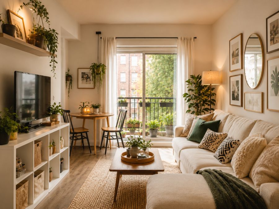 Styled small apartment with layered textures, gallery wall, and plant groupings