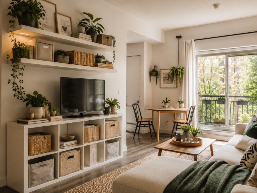 Clever storage solutions for small apartments including wall shelving and decorative baskets