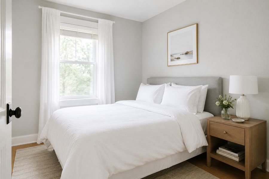 Clean minimalist small bedroom with organized space and natural lighting