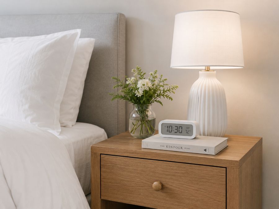 Organized nightstand in small bedroom with minimal, essential items