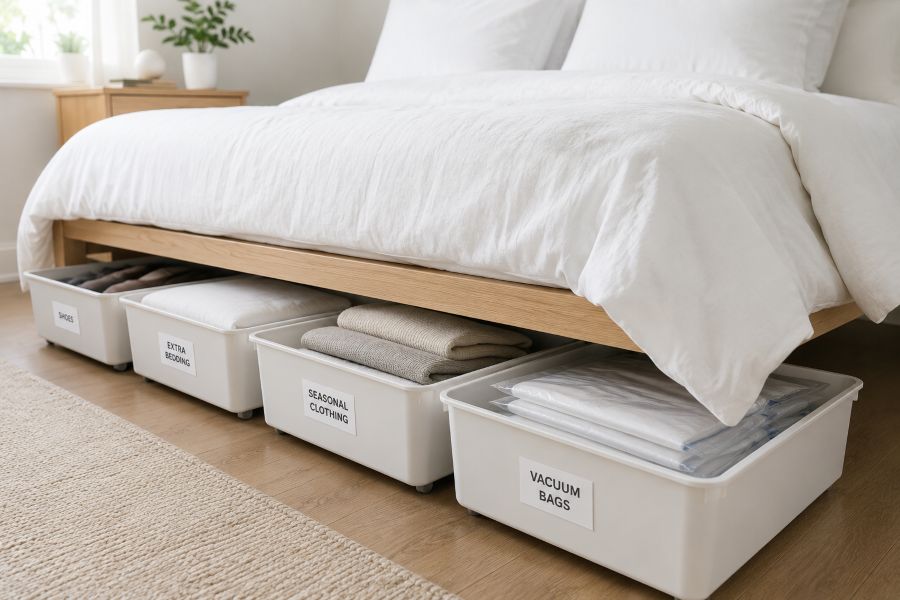 Under-bed storage containers organized neatly beneath small bedroom bed