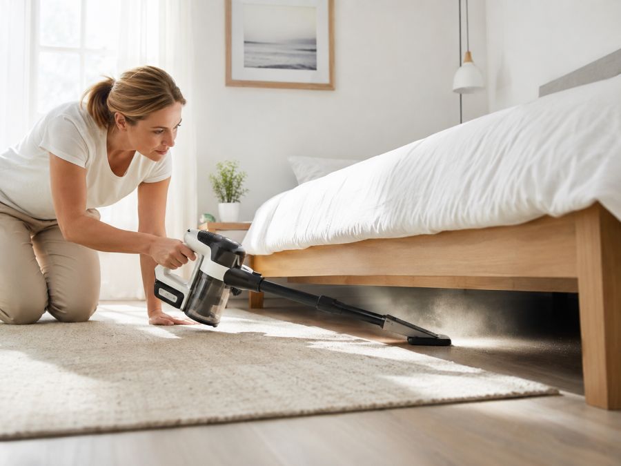 Cleaning under the bed with a lightweight vacuum in a small bedroom