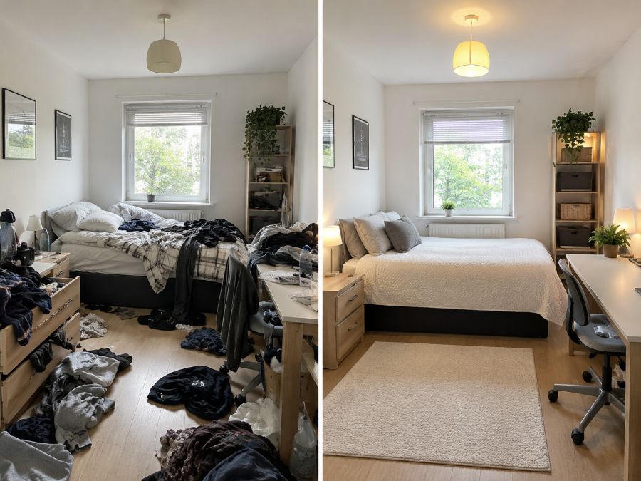 Before and after transformation of a small bedroom cleaning