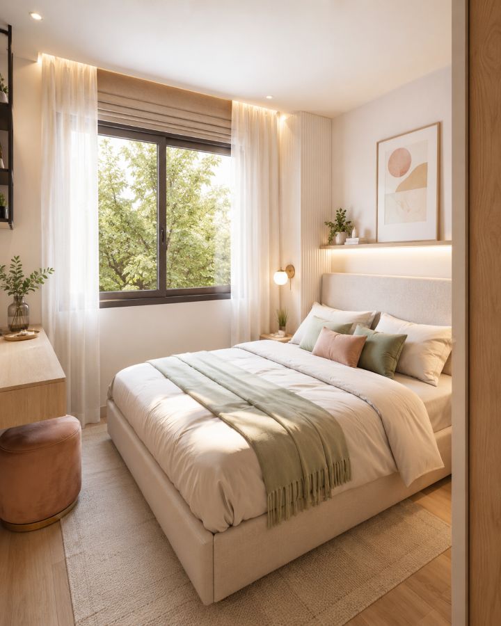 Bright modern small bedroom with light colors and strategic lighting making space feel larger