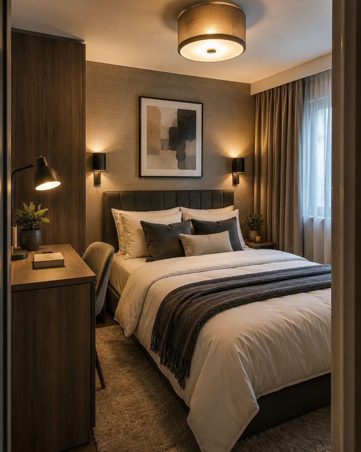 Small bedroom with layered lighting including wall sconces, desk lamp, and warm overhead light