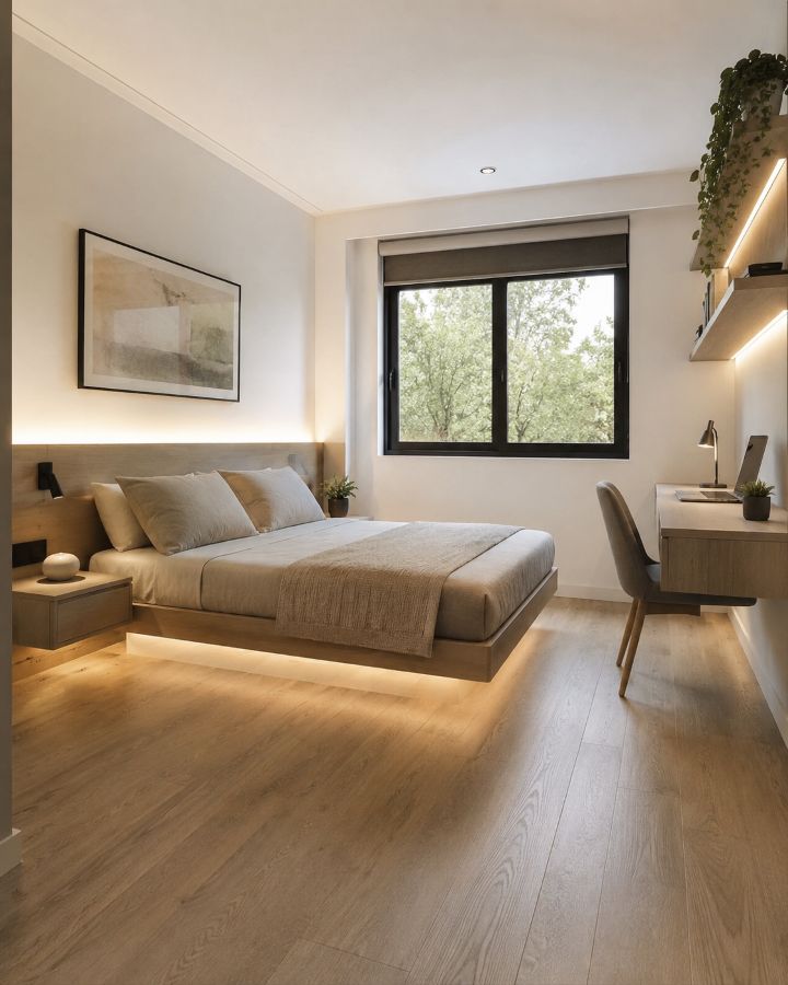 Small bedroom with floating furniture arrangement and clear floor space visible