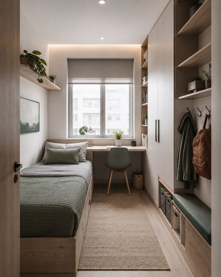 Small bedroom with organized vertical storage shelves and minimal visible clutter