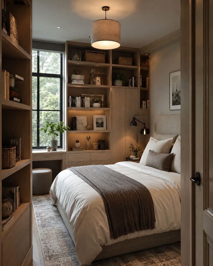 Small bedroom with floor-to-ceiling built-in shelving and vertical wall organization