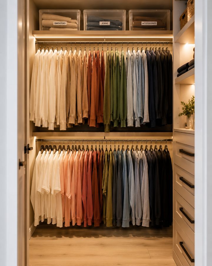 Organized small closet with double hanging rods and storage bins
