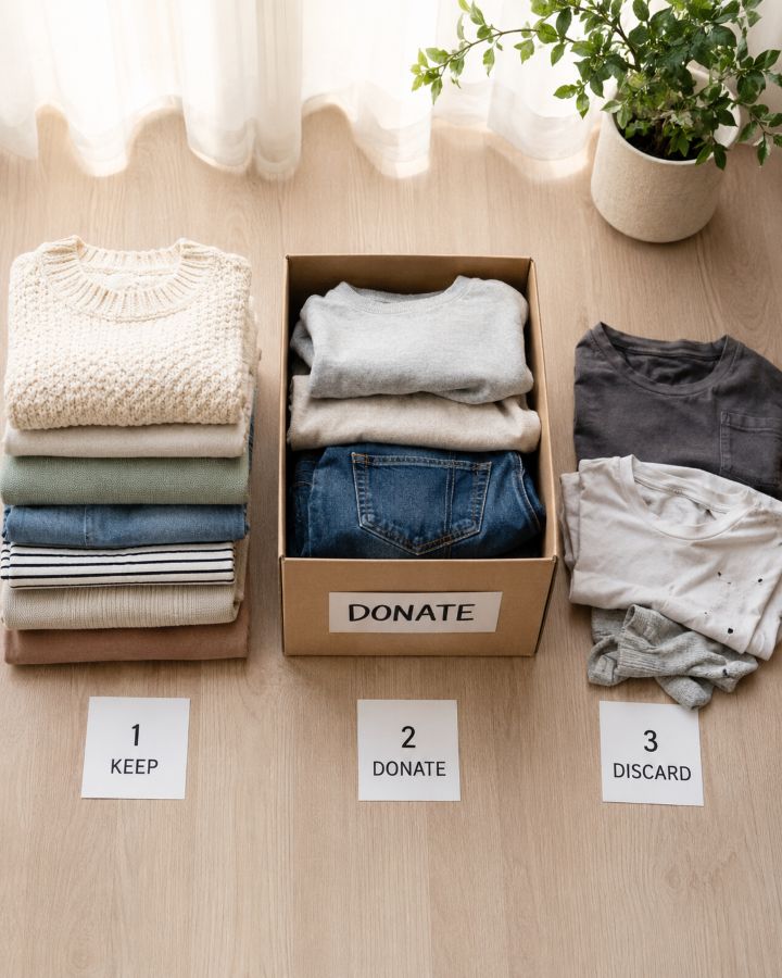 Sorting clothes by category in piles for decluttering