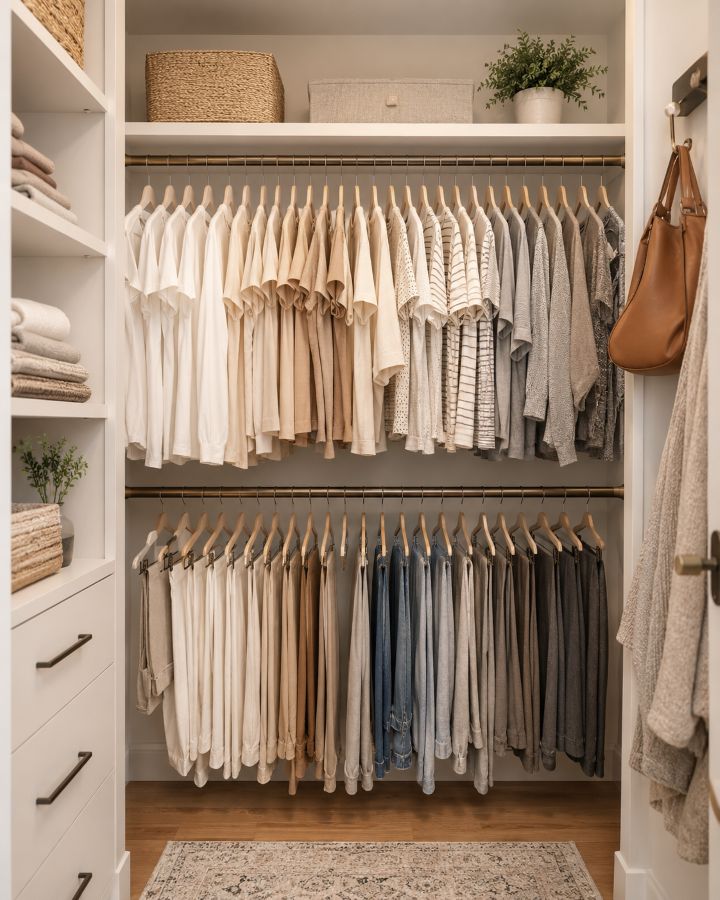Double hanging rods installed in small closet with organized clothes