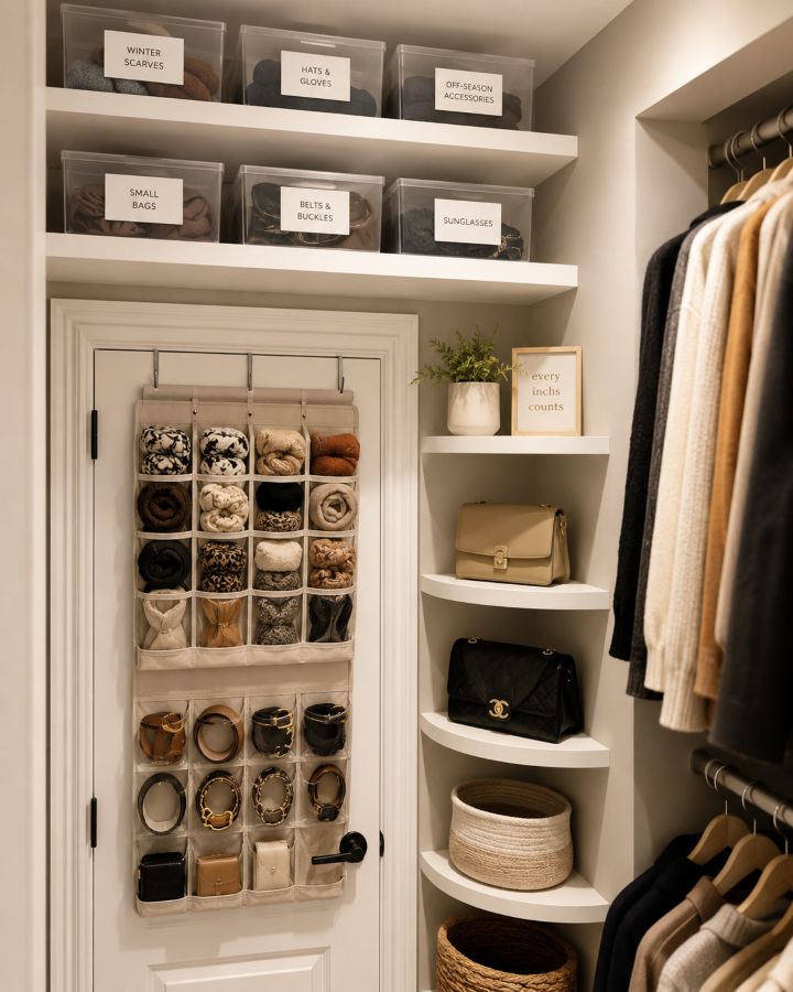 Small closet with door organizer and shelves utilizing all available space