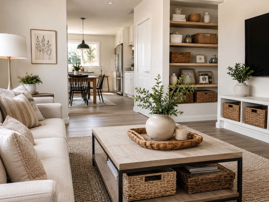Modern organized small living space with woven baskets for storage