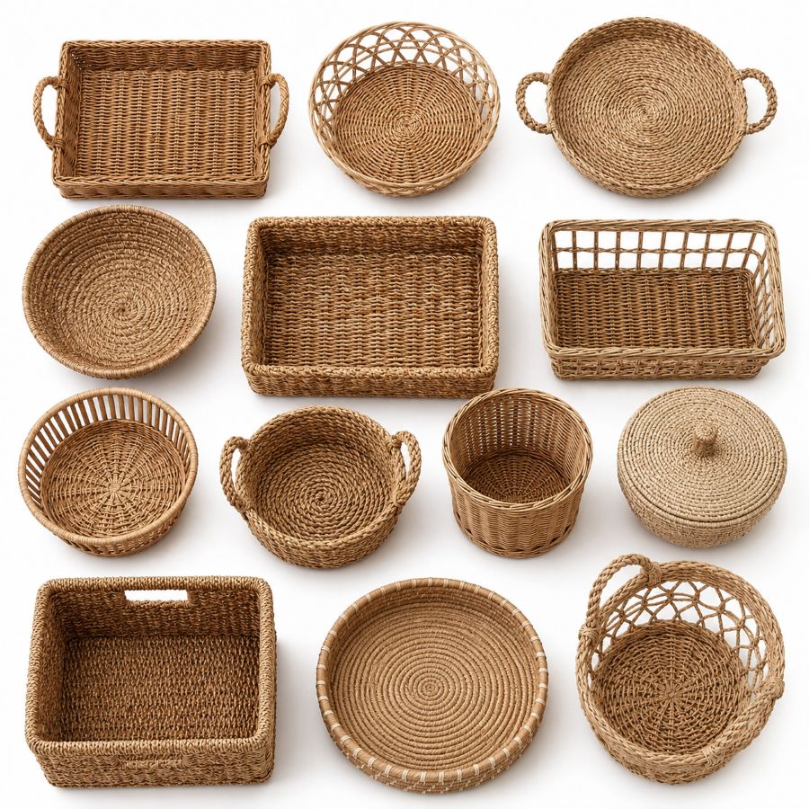 Collection of different basket styles and sizes arranged together