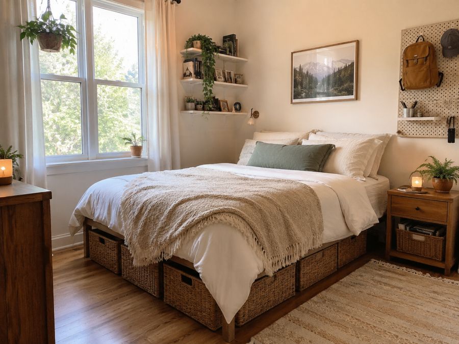 Small bedroom with under-bed storage baskets and wall-mounted organizing solutions