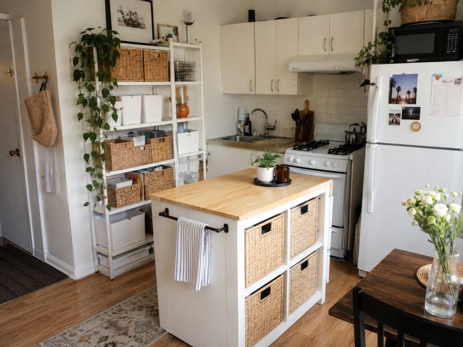 Budget-friendly DIY basket organization setup in small apartment kitchen area