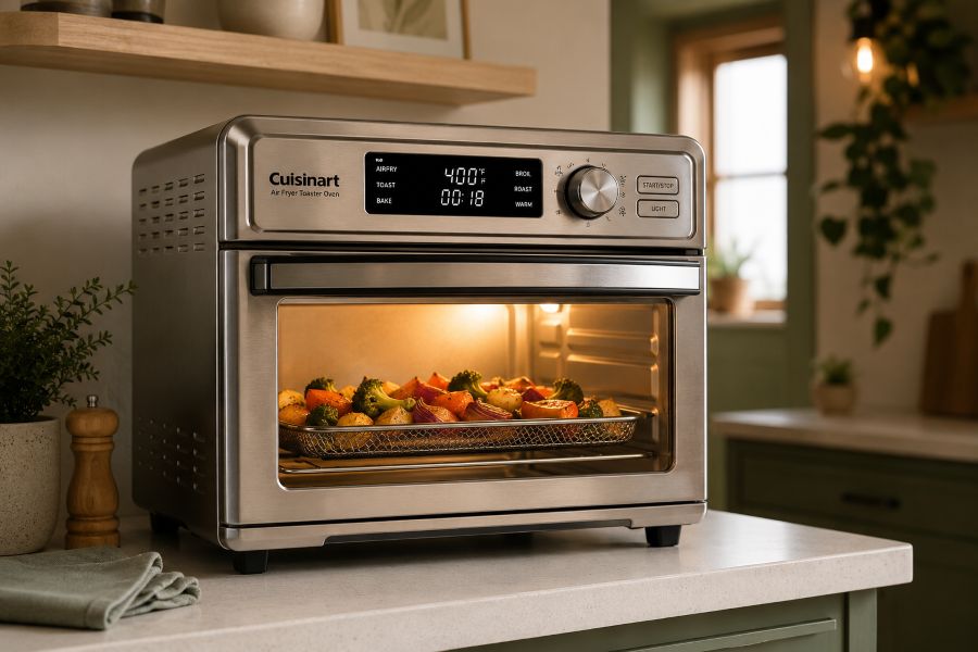 Air fryer toaster oven combo on a small kitchen counter saving space