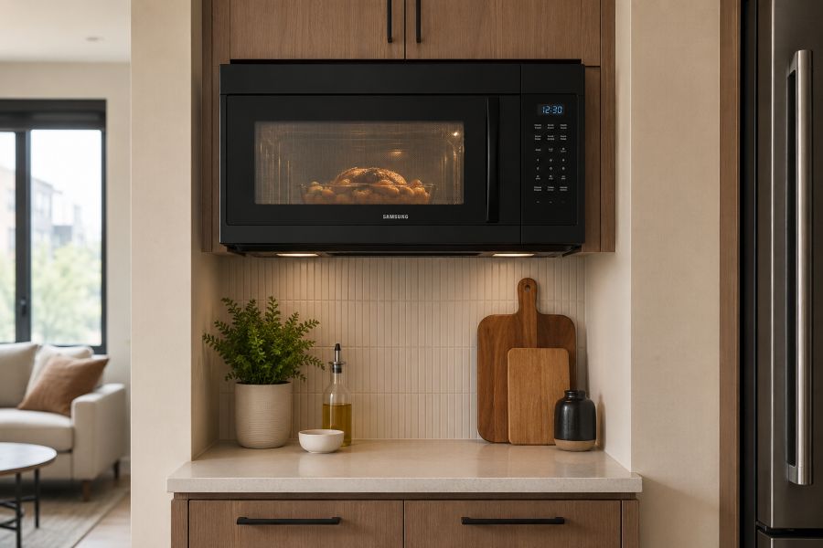 Convection microwave acting as both microwave and oven in a compact kitchen