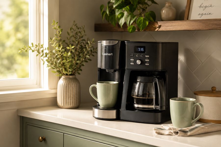 Dual coffee maker with pod and carafe options saving counter space in a small kitchen