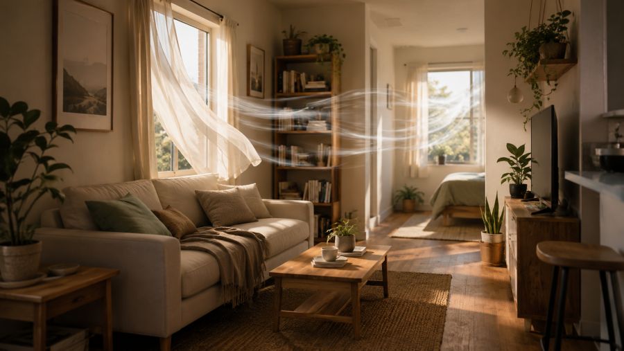 Small apartment showing airflow between windows to illustrate ventilation and indoor air quality