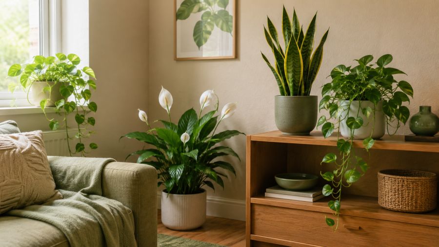 Easy-care air purifying plants styled in a small apartment corner