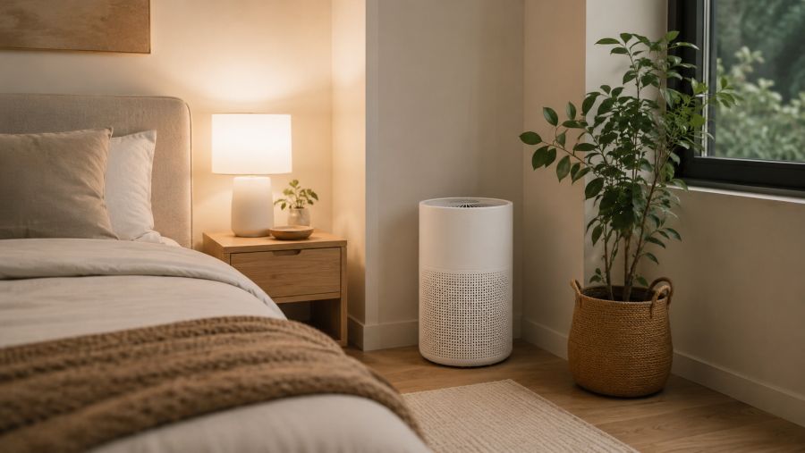 Compact HEPA air purifier placed in a small apartment bedroom corner