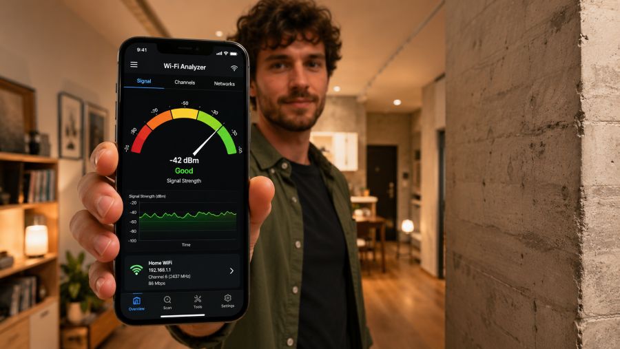 Smartphone Wi-Fi analyzer app measuring signal strength near a thick concrete wall