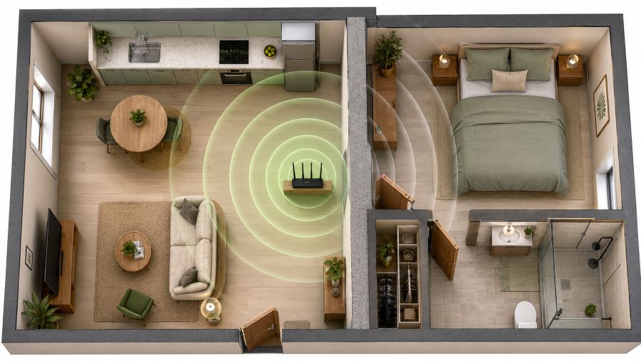 Floor plan showing central router placement and signal weakening through a thick wall