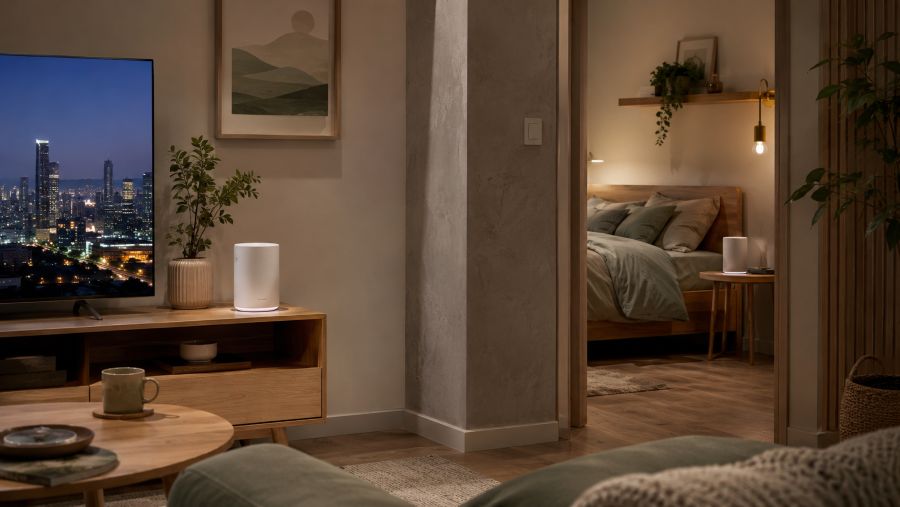 Two node mesh Wi-Fi system relaying signal through a doorway around a thick wall