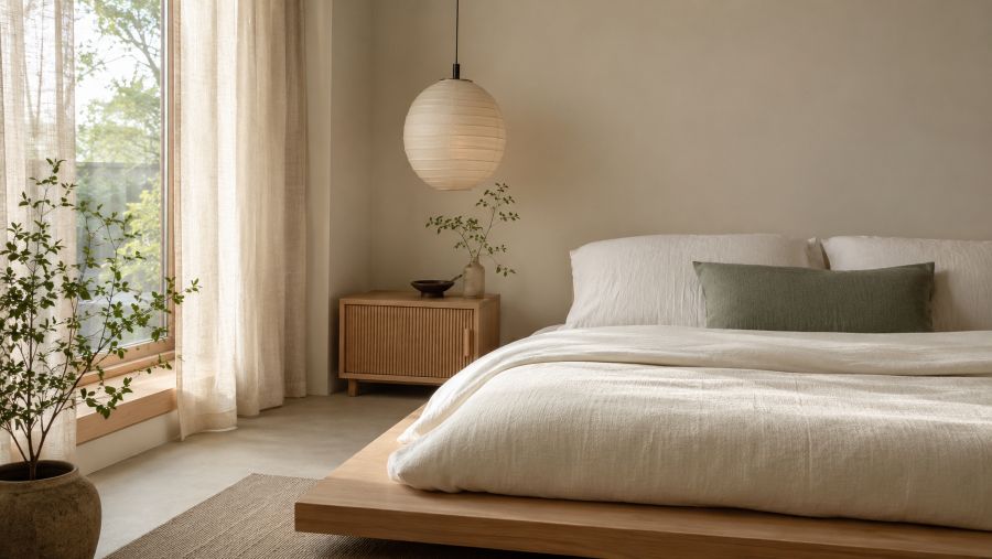 Japandi bedroom with low platform bed, neutral linens, and soft natural light