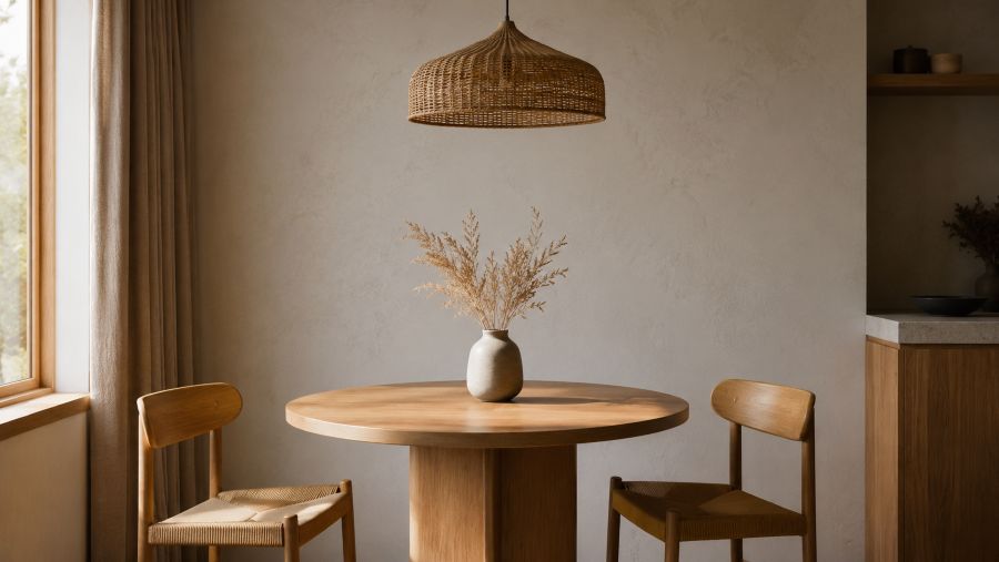 Japandi dining nook with round wood table, rattan pendant, and dried botanicals