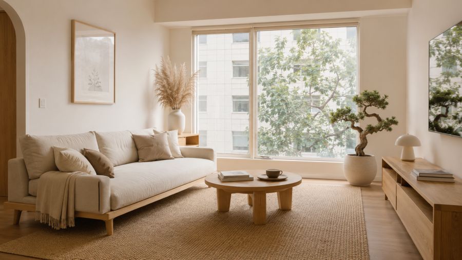 Japandi style living room with light wood furniture and neutral tones