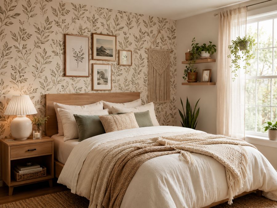 Rental apartment bedroom with temporary wallpaper, removable wall art, and flexible furniture arrangement