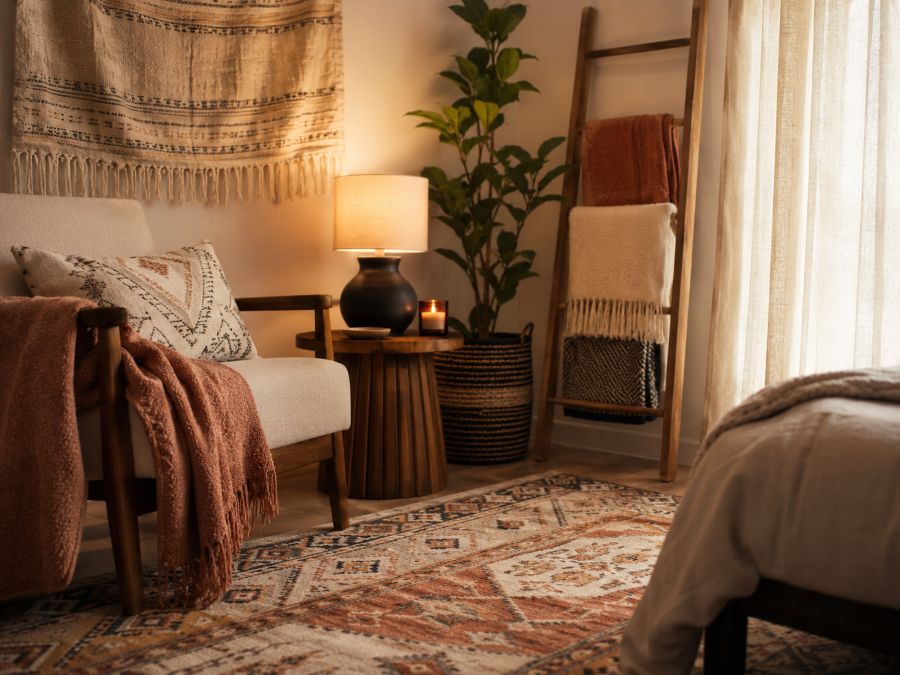 Rental apartment with layered textiles including rugs, pillows, throws, and draped curtains creating cozy atmosphere