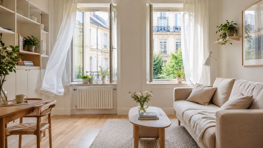 Bright small apartment with open windows and plants letting in fresh air