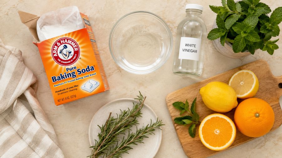 Natural odor-eliminating ingredients including baking soda, citrus, vinegar, and herbs