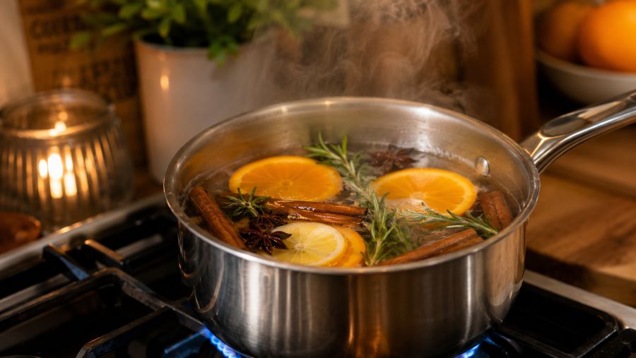 A natural stovetop simmer pot with citrus, cinnamon, and herbs releasing fragrance