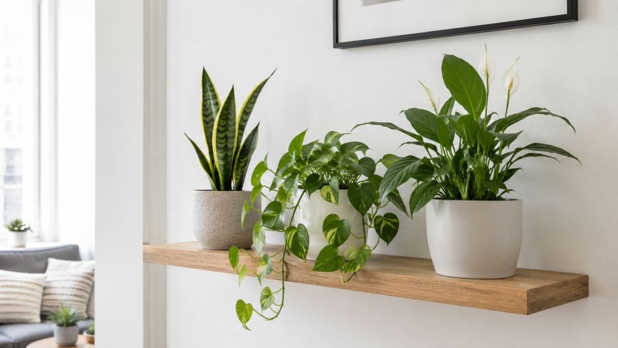 Compact air-purifying houseplants arranged on a shelf in a small apartment