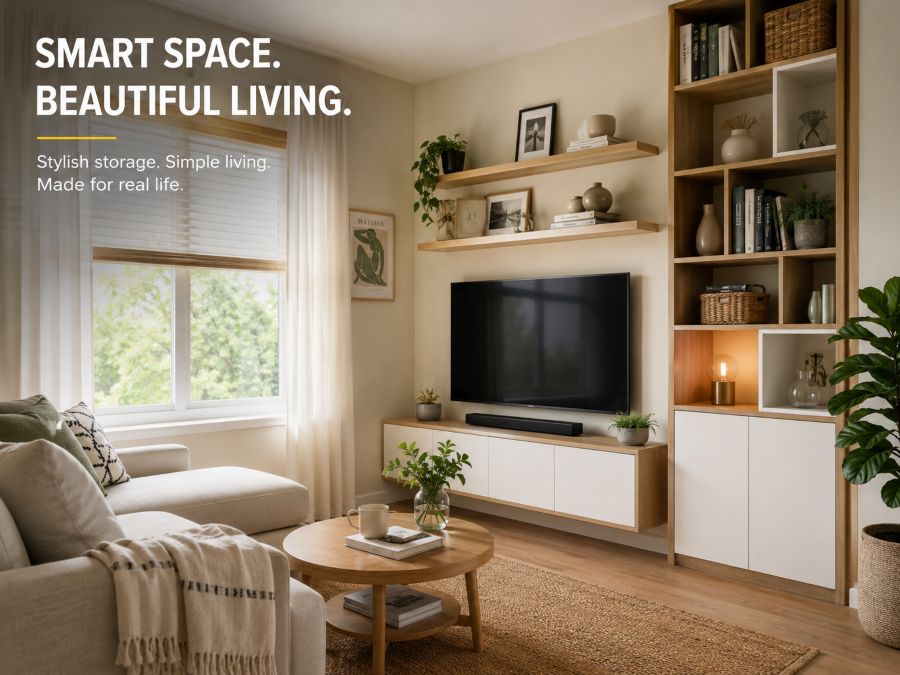 Maximized small apartment living room with smart storage and light colors