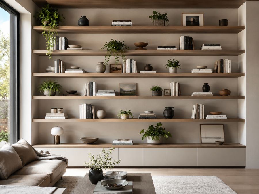 Floor-to-ceiling floating shelves with organized books, plants, and decor in small apartment