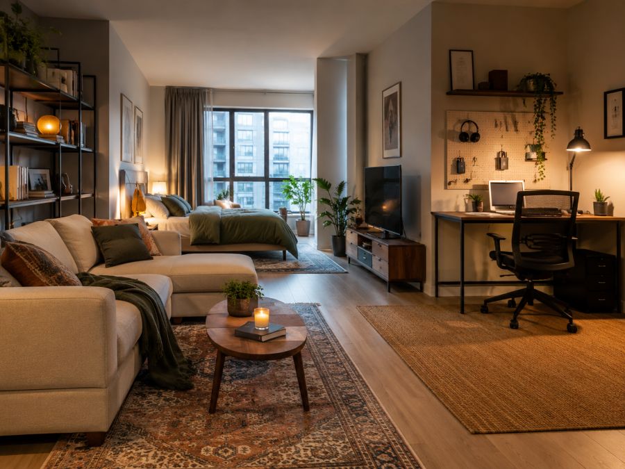 Small apartment with distinct zones separated by area rugs and furniture arrangement
