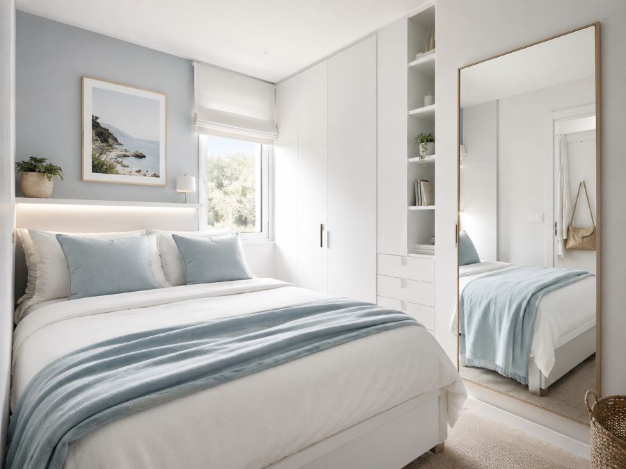 Small bedroom with light neutral colors, mirrors, and minimal decor maximizing perceived space