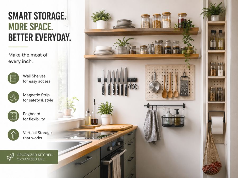 Small organized kitchen with wall-mounted shelves, magnetic strips, and minimal countertop clutter