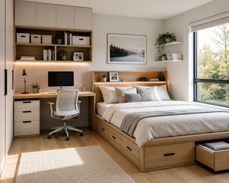 Small bedroom with multifunctional furniture including storage bed frame, wall-mounted storage, and integrated shelving creating spacious feel