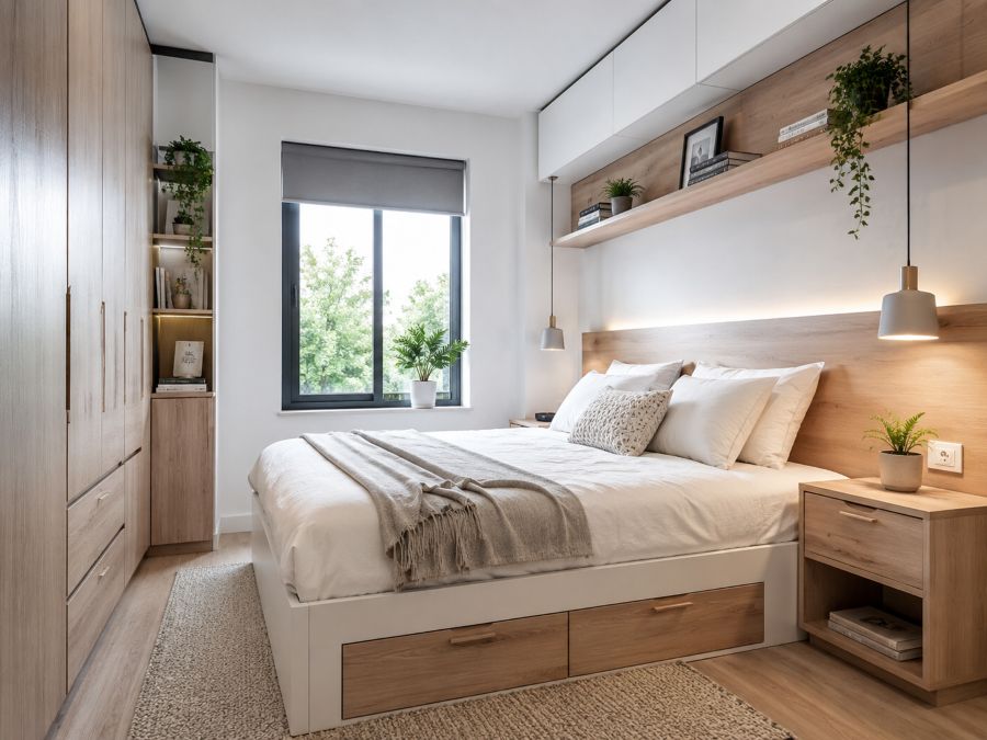 Storage bed with built-in drawers for small bedroom