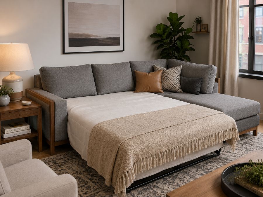 Sleeper sectional sofa in small apartment living space