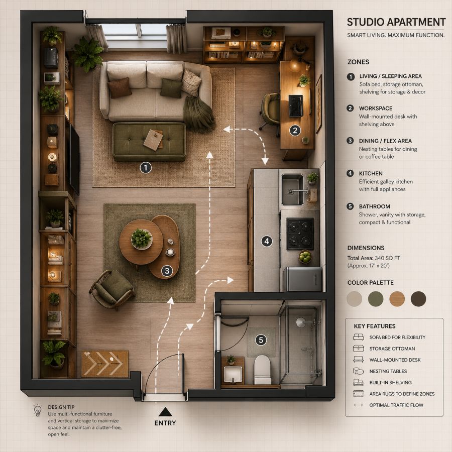 Overhead layout plan of small apartment with multifunctional furniture